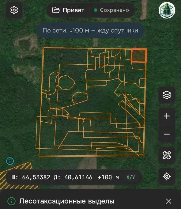 Арбогео на Android: контуры выделов на спутниковой подложке, выбранный выдел